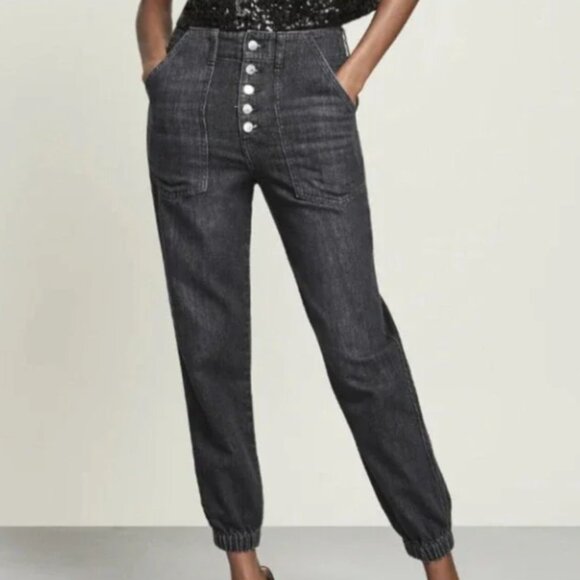 Veronica Beard Bolton Elastic Hem High Rise Washed Black Button Fly - Picture 1 of 12